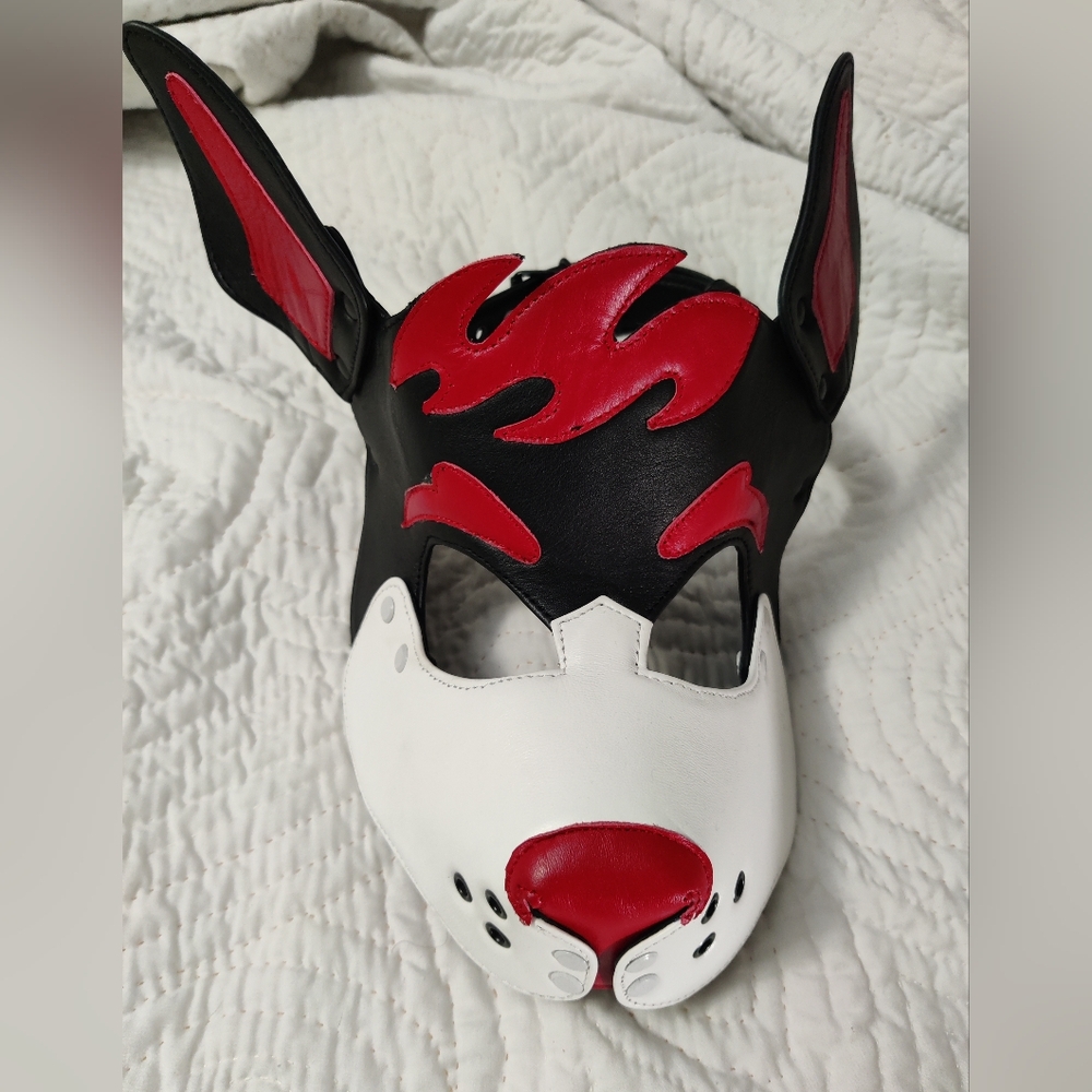 Adult Size Pup/Dog Mask Red, White, Black, Handmade Leather